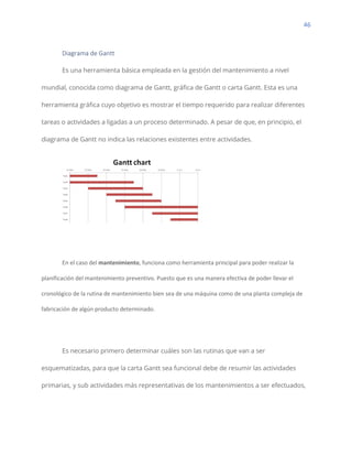46
Diagrama de Gantt
Es una herramienta básica empleada en la gestión del mantenimiento a nivel
mundial, conocida como diagrama de Gantt, gráfica de Gantt o carta Gantt. Esta es una
herramienta gráfica cuyo objetivo es mostrar el tiempo requerido para realizar diferentes
tareas o actividades a ligadas a un proceso determinado. A pesar de que, en principio, el
diagrama de Gantt no indica las relaciones existentes entre actividades.
En el caso del mantenimiento, funciona como herramienta principal para poder realizar la
planificación del mantenimiento preventivo. Puesto que es una manera efectiva de poder llevar el
cronológico de la rutina de mantenimiento bien sea de una máquina como de una planta compleja de
fabricación de algún producto determinado.
Es necesario primero determinar cuáles son las rutinas que van a ser
esquematizadas, para que la carta Gantt sea funcional debe de resumir las actividades
primarias, y sub actividades más representativas de los mantenimientos a ser efectuados,
 