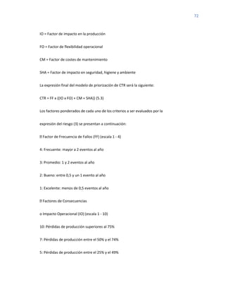 72
IO = Factor de impacto en la producción
FO = Factor de flexibilidad operacional
CM = Factor de costes de mantenimiento
SHA = Factor de impacto en seguridad, higiene y ambiente
La expresión final del modelo de priorización de CTR será la siguiente:
CTR = FF x ((IO x FO) + CM + SHA)) (5.3)
Los factores ponderados de cada uno de los criterios a ser evaluados por la
expresión del riesgo (3) se presentan a continuación:
Factor de Frecuencia de Fallos (FF) (escala 1 - 4)
4: Frecuente: mayor a 2 eventos al año
3: Promedio: 1 y 2 eventos al año
2: Bueno: entre 0,5 y un 1 evento al año
1: Excelente: menos de 0,5 eventos al año
Factores de Consecuencias
o Impacto Operacional (IO) (escala 1 - 10)
10: Pérdidas de producción superiores al 75%
7: Pérdidas de producción entre el 50% y el 74%
5: Pérdidas de producción entre el 25% y el 49%
 