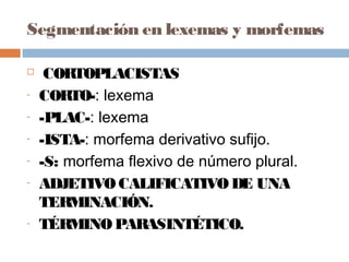 Segmentación en lexemas y morfemas
 CORTOPLACISTAS
- CORTO-: lexema
- -PLAC-: lexema
- -ISTA-: morfema derivativo sufijo.
- -S: morfema flexivo de número plural.
- ADJETIVOCALIFICATIVODE UNA
TERMINACIÓN.
- TÉRMINOPARASINTÉTICO.
 
