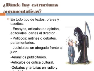 ¿Dónde hay estructuras
argumentativas?
 En todo tipo de textos, orales y
escritos:
- Ensayos, artículos de opinión,
editoriales, cartas al director...
- Políticos: mítines o debates.
parlamentarios.
- Judiciales: un abogado frente al
juez.
-Anuncios publicitarios.
-Artículos de crítica cultural.
-Debates y tertulias en radio y
 