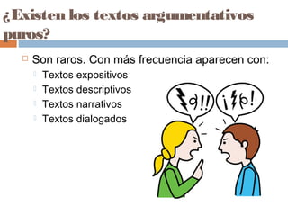 ¿Existen los textos argumentativos
puros?
 Son raros. Con más frecuencia aparecen con:
 Textos expositivos
 Textos descriptivos
 Textos narrativos
 Textos dialogados
 