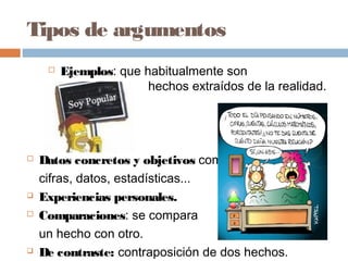 Tipos de argumentos
 Ejemplos: que habitualmente son
hechos extraídos de la realidad.
 Datos concretos y objetivos como
cifras, datos, estadísticas...
 Experiencias personales.
 Comparaciones: se compara
un hecho con otro.
 De contraste: contraposición de dos hechos.
 