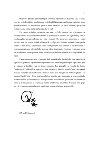 14
O terceiro período identificado por Ferreiro é a fonetização da escrita (que se inicia
com um período silábico e culmina no período alfabético) para as línguas orais, tem início
quando a criança vai descobrindo quais as partes da escrita (as letras e sílabas) que podem
corresponder a outras tantas partes da palavra oral.
Em nosso trabalho pensamos que esse período poderia ser relacionado ao
reconhecimento da correspondência entre os elementos do símbolo em SignWriting com as
configurações correspondentes do sinal manual. Os primeiros elementos a serem
reconhecidos são os três símbolos básicos de configuração da mão: punho fechado, punho
aberto e mão plana. Observamos essas configurações nos cartazes e estabelecemos a
correspondência dos três símbolos com as mãos sinalizando. Continuo explicando como
são adicionadas linhas para os dedos nos mesmos símbolos básicos de configurações das
mãos.
Procuramos associar o critério de fácil memorização do símbolo, com o critério de
significado, para que o primeiro sinal possa ser uma aprendizagem simples e prazerosa para
as crianças e também para os alunos maiores. Por exemplo, na Escola de Ensino
Fundamental Frei Pacífico, o primeiro sinal trabalhado foi o de “mamãe” que corresponde
ao dedo indicador estendido com a mão de lado, essa posição faz parte do grupo 1 do
sistema SignWriting. Esse sinal possibilitou ampliar as experiências a serem relatadas
pelas crianças e gerar uma cadeia de sugestões de outros sinais, que fomos escolhendo, de
forma a ir introduzindo o sistema de escrita, obedecendo ao critério de iniciar pelo grupo
um e ir avançando ordenadamente na série de grupos até chegar ao grupo 10.
SINAL DE MAMÃE
 