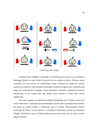 20
A HISTÓRIA DO CARRO
Quando formos trabalhar a aquisição do SignWriting com jovens ou com adultos a
abordagem poderá ser mais formal, de acordo com seu estágio evolutivo. Podemos iniciar
mostrando um livro escrito em SignWriting, contar a história da criação do sistema,
explicar sua estrutura e funcionamento mostrando exemplos de alguns sinais sugeridos pelo
grupo, que construiremos no quadro. Vamos apresentar e distribuir o manual de escrita do
SignWriting, ou um resumo dele, que mostre como construir os sinais pelo sistema
SignWriting.
Nas aulas seguintes já poderemos trabalhar diretamente com a leitura e escrita dos
sinais, observando o andamento das aprendizagens, incentivando a autonomia dos membros
do grupo, ao mesmo tempo, a cooperação com os colegas. Promoveremos leituras,
construção de frases e textos coletivos e individuais. Poderemos construir um dicionário
bilíngüe, historinhas e poesia. Podemos pedir que escrevam cartas uns aos outros ou para
amigos distantes.
 