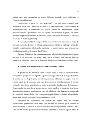 9
oralista para uma perspectiva de ensino bilíngüe, tomando como referencial o
Construtivismo Piagetiano.
Considerando, a partir de Piaget (1947-1977), que toda criança constrói suas
ferramentas intelectuais, sobretudo na ação e na experimentação e acrescentando do
socioconstrutivismo, a importância das relações sociais nas aprendizagens, demos
particular atenção à participação ativa do sujeito e aos trabalhos de grupo, em nossas
tentativas de propiciar às turmas de crianças e jovens, com quem trabalhamos, a aquisição
do sistema de escrita SignWriting.
A metodologia utilizada visa possibilitar o desenvolvimento da escrita de língua de
sinais em momentos distintos de interação, inspirados no método de exploração crítica das
situações experimentais, objetivando incorporar os conhecimentos das crianças nas
atividades de aquisição do sistema SignWriting.
Partimos do interesse das crianças despertado pelo próprio objeto de conhecimento
proposto e em conversas em sinais, para com a utilização dos recursos didáticos
disponíveis, iniciarmos a apropriação do sistema SignWriting de escrita de língua de sinais.
4. Períodos de evolução da escrita infantil conforme Ferreiro.
A progressão das hipóteses sobre a escrita segue a linha do desenvolvimento
psicogenético que por sua vez reproduz algumas das etapas-chaves da evolução da história
da escrita que vai do pictograma ao sistema puramente alfabético dos gregos. Esse fato
permite supor que é necessária uma série de processos e reflexões capazes de superar
obstáculos para tomar consciência de certas propriedades fundamentais da linguagem.
Essas tomadas de consciência, acontecidas no plano social na evolução de uma língua,
desempenham um papel semelhante no caso individual que exige da criança, uma tomada
de consciência do que ela faz com a linguagem quando fala para, ajudada pelo professor,
passar desse saber fazer empírico para um saber conceitual.
Estudiosos da alfabetização das crianças em línguas orais, de diversas
nacionalidades propuseram várias etapas que precisam ser vencidas pelas crianças no
desenvolvimento da leitura e da escrita. Com base na teoria piagetiana, Ferreiro, (1982,
1985 e 1999) observa que a escrita infantil segue uma linha de evolução regular, dentro da
 