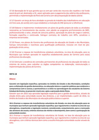 17.16 Aprovação de lei que garanta que os cem por cento dos recursos dos royalties e do fundo 
social do pré-sal, destinados a SC, sejam aplicados para o pagamento dos salários dos professores, 
permitindo a implementação do Plano de Carreira com descompactação da tabela salarial. 
17.17 Garantir um terço de hora atividade na jornada de trabalho dos trabalhadores em educação 
em hora aula, de acordo com o que estabelece a resolução do CNE (procurar a referência). 
17.18 Elaborar e implementar imediatamente um plano de gestão própria de todas as atividades 
necessárias ao funcionamento das escolas, com adesão ao programa pró-funcionário do MEC, 
profissionalizando o setor, através de concurso público, aprovação de plano de cargos e salários, 
formação específica e continuada. Extinguir contratos de trabalho com APPs, convênios e 
empresas terceirizadas. 
17.19 Prever, nos planos de Carreira dos profissionais da educação do Estado e dos Municípios, 
licenças remuneradas e incentivos para qualificação profissional, inclusive em nível de pós-graduação 
stricto sensu; 
17.20 Priorizar o repasse de transferências estaduais voluntárias, na área de educação, para os 
Municípios que tenham aprovado lei específica estabelecendo planos de Carreira para os(as) 
profissionais da educação; 
17.21 Estimular a existência de comissões permanentes de profissionais da educação de todos os 
sistemas de ensino, para subsidiar os órgãos competentes na elaboração, reestruturação e 
implementação dos planos de Carreira. 
META 18 
Alterar: 
Garantir em legislação específica, aprovadas no âmbito do Estado e dos Municípios, condições 
para a efetivação da gestão democrática, na educação básica e superior públicas que evidencie o 
compromisso com o acesso, a permanência e o êxito na aprendizagem do estudante do Sistema 
Estadual de Ensino, no prazo de 1 (um) ano após a aprovação deste Plano. 
Garantir que em 2015 seja aprovada legislação específica para a gestão democrática, através da 
eleição direta pela comunidade escolar dos diretores, a ser implementada a partir de 2016, no 
âmbito do Estado e dos Municípios da educação pública básica e superior. 
18.1 Priorizar o repasse de transferências voluntárias do Estado, na área da educação para os 
municípios que tenham aprovado legislação específica, que regulamente a matéria na área de sua 
abrangência, respeitando a legislação nacional, considerando, conjuntamente, para a nomeação 
dos diretores de escola, critérios técnicos de mérito e desempenho, bem como a participação da 
comunidade escolar. 
18.1 Priorizar o repasse de transferências voluntárias do Estado, na área da educação para os 
municípios que tenham aprovado legislação específica, que regulamente a matéria na área de sua 
abrangência, com critérios técnicos bem como a escolha feita pela comunidade escolar através do 
voto. 
 