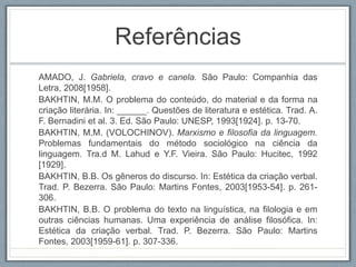Referências
AMADO, J. Gabriela, cravo e canela. São Paulo: Companhia das
Letra, 2008[1958].
BAKHTIN, M.M. O problema do conteúdo, do material e da forma na
criação literária. In: ______. Questões de literatura e estética. Trad. A.
F. Bernadini et al. 3. Ed. São Paulo: UNESP, 1993[1924]. p. 13-70.
BAKHTIN, M.M. (VOLOCHINOV). Marxismo e filosofia da linguagem.
Problemas fundamentais do método sociológico na ciência da
linguagem. Tra.d M. Lahud e Y.F. Vieira. São Paulo: Hucitec, 1992
[1929].
BAKHTIN, B.B. Os gêneros do discurso. In: Estética da criação verbal.
Trad. P. Bezerra. São Paulo: Martins Fontes, 2003[1953-54]. p. 261-
306.
BAKHTIN, B.B. O problema do texto na linguística, na filologia e em
outras ciências humanas. Uma experiência de análise filosófica. In:
Estética da criação verbal. Trad. P. Bezerra. São Paulo: Martins
Fontes, 2003[1959-61]. p. 307-336.
 