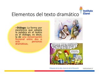 Elementos del texto dramático
–Diálogo: La forma por
excelencia que adopta
la palabra en el teatro
es el diálogo, es decir,
la de una conversación
ficcional entre dos o
más personas
dramáticas.
–Diálogo: La forma por
excelencia que adopta
la palabra en el teatro
es el diálogo, es decir,
la de una conversación
ficcional entre dos o
más personas
dramáticas.
 