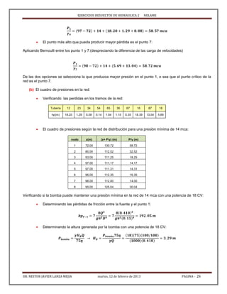 EJERCICIOS RESUELTOS DE HIDRAULICA 2 NELAME
DR. NESTOR JAVIER LANZA MEJIA martes, 12 de febrero de 2013 PAGINA - 26
 El punto más alto que pueda producir mayor pérdida es el punto 7:
Aplicando Bernoulli entre los punto 1 y 7:(despreciando la diferencia de las carga de velocidades)
De las dos opciones se selecciona la que produzca mayor presión en el punto 1, o sea que el punto crítico de la
red es el punto 7.
(b) El cuadro de presiones en la red:
 Verificando las perdidas en los tramos de la red:
Tubería 12 23 34 54 65 36 67 16 87 18
hp(m) 18.20 1.29 0.08 0.14 1.04 1.10 0.35 18.39 13.04 5.69
 El cuadro de presiones según la red de distribución para una presión mínima de 14 mca:
nodo z(m) (z+ P/γ) (m) P/γ (m)
1 72.00 130.72 58.72
2 80.00 112.52 32.52
3 93.00 111.25 18.25
4 97.00 111.17 14.17
5 97.00 111.31 14.31
6 96.00 112.35 16.35
7 98.00 112.00 14.00
8 95.00 125.04 30.04
Verificando si la bomba puede mantener una presión mínima en la red de 14 mca con una potencia de 18 CV:
 Determinando las pérdidas de fricción entre la fuente y el punto 1:
 Determinando la altura generada por la bomba con una potencia de 18 CV:
 