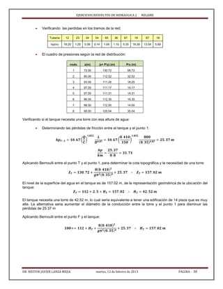 EJERCICIOS RESUELTOS DE HIDRAULICA 2 NELAME
DR. NESTOR JAVIER LANZA MEJIA martes, 12 de febrero de 2013 PAGINA - 30
 Verificando las perdidas en los tramos de la red:
Tubería 12 23 34 54 65 36 67 16 87 18
hp(m) 18.20 1.29 0.08 0.14 1.04 1.10 0.35 18.39 13.04 5.69
 El cuadro de presiones según la red de distribución:
nodo z(m) (z+ P/γ) (m) P/γ (m)
1 72.00 130.72 58.72
2 80.00 112.52 32.52
3 93.00 111.25 18.25
4 97.00 111.17 14.17
5 97.00 111.31 14.31
6 96.00 112.35 16.35
7 98.00 112.00 14.00
8 95.00 125.04 30.04
Verificando si el tanque necesita una torre con esa altura de agua:
 Determinando las pérdidas de fricción entre el tanque y el punto 1:
( ) ( )
Aplicando Bernoulli entre el punto T y el punto 1, para determinar la cota topográfica y la necesidad de una torre:
El nivel de la superficie del agua en el tanque es de 157.02 m, de la representación geométrica de la ubicación del
tanque:
El tanque necesita una torre de 42.52 m, lo cual sería equivalente a tener una edificación de 14 pisos que es muy
alta. La alternativa seria aumentar el diámetro de la conducción entre la torre y el punto 1 para disminuir las
pérdidas de 25.37 m
Aplicando Bernoulli entre el punto F y el tanque:
 