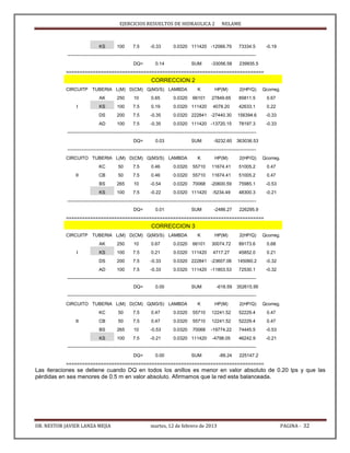 EJERCICIOS RESUELTOS DE HIDRAULICA 2 NELAME
DR. NESTOR JAVIER LANZA MEJIA martes, 12 de febrero de 2013 PAGINA - 32
KS 100 7.5 -0.33 0.0320 111420 -12066.79 73334.5 -0.19
----------------------------------------------------------------------------------------------------------------------------
DQ= 0.14 SUM -33056.58 239935.5
==========================================================================
CORRECCION 2
CIRCUITP TUBERIA L(M) D(CM) Q(M3/S) LAMBDA K HP(M) 2(HP/Q) Qcorreg.
AK 250 10 0.65 0.0320 66101 27849.65 85811.5 0.67
I KS 100 7.5 0.19 0.0320 111420 4078.20 42633.1 0.22
DS 200 7.5 -0.35 0.0320 222841 -27440.30 156394.6 -0.33
AD 100 7.5 -0.35 0.0320 111420 -13720.15 78197.3 -0.33
----------------------------------------------------------------------------------------------------------------------------
DQ= 0.03 SUM -9232.60 363036.53
----------------------------------------------------------------------------------------------------------------------------
CIRCUITO TUBERIA L(M) D(CM) Q(M3/S) LAMBDA K HP(M) 2(HP/Q) Qcorreg.
KC 50 7.5 0.46 0.0320 55710 11674.41 51005.2 0.47
II CB 50 7.5 0.46 0.0320 55710 11674.41 51005.2 0.47
BS 265 10 -0.54 0.0320 70068 -20600.59 75985.1 -0.53
KS 100 7.5 -0.22 0.0320 111420 -5234.49 48300.3 -0.21
----------------------------------------------------------------------------------------------------------------------------
DQ= 0.01 SUM -2486.27 226295.9
==========================================================================
CORRECCION 3
CIRCUITP TUBERIA L(M) D(CM) Q(M3/S) LAMBDA K HP(M) 2(HP/Q) Qcorreg.
AK 250 10 0.67 0.0320 66101 30074.72 89173.6 0.68
I KS 100 7.5 0.21 0.0320 111420 4717.27 45852.0 0.21
DS 200 7.5 -0.33 0.0320 222841 -23607.06 145060.2 -0.32
AD 100 7.5 -0.33 0.0320 111420 -11803.53 72530.1 -0.32
----------------------------------------------------------------------------------------------------------------------------
DQ= 0.00 SUM -618.59 352615.95
----------------------------------------------------------------------------------------------------------------------------
CIRCUITO TUBERIA L(M) D(CM) Q(M3/S) LAMBDA K HP(M) 2(HP/Q) Qcorreg.
KC 50 7.5 0.47 0.0320 55710 12241.52 52229.4 0.47
II CB 50 7.5 0.47 0.0320 55710 12241.52 52229.4 0.47
BS 265 10 -0.53 0.0320 70068 -19774.22 74445.5 -0.53
KS 100 7.5 -0.21 0.0320 111420 -4798.05 46242.9 -0.21
----------------------------------------------------------------------------------------------------------------------------
DQ= 0.00 SUM -89.24 225147.2
==========================================================================
Las iteraciones se detiene cuando DQ en todos los anillos es menor en valor absoluto de 0.20 lps y que las
pérdidas en sea menores de 0.5 m en valor absoluto. Afirmamos que la red esta balanceada.
 