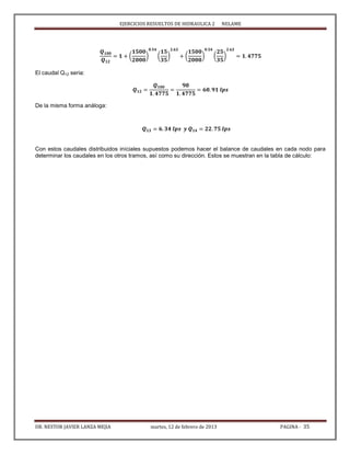 EJERCICIOS RESUELTOS DE HIDRAULICA 2 NELAME
DR. NESTOR JAVIER LANZA MEJIA martes, 12 de febrero de 2013 PAGINA - 35
( ) ( ) ( ) ( )
El caudal Q12 seria:
De la misma forma análoga:
Con estos caudales distribuidos iníciales supuestos podemos hacer el balance de caudales en cada nodo para
determinar los caudales en los otros tramos, así como su dirección. Estos se muestran en la tabla de cálculo:
 