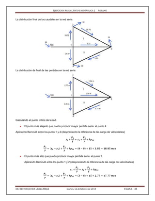 EJERCICIOS RESUELTOS DE HIDRAULICA 2 NELAME
DR. NESTOR JAVIER LANZA MEJIA martes, 12 de febrero de 2013 PAGINA - 38
La distribución final de los caudales en la red seria:
La distribución de final de las perdidas en la red seria:
Calculando el punto crítico de la red:
 El punto más alejado que pueda producir mayor pérdida seria: el punto 4.
Aplicando Bernoulli entre los punto 1 y 4:(despreciando la diferencia de las carga de velocidades)
 El punto más alto que pueda producir mayor pérdida seria: el punto 2.
Aplicando Bernoulli entre los punto 1 y 2:(despreciando la diferencia de las carga de velocidades)
 
