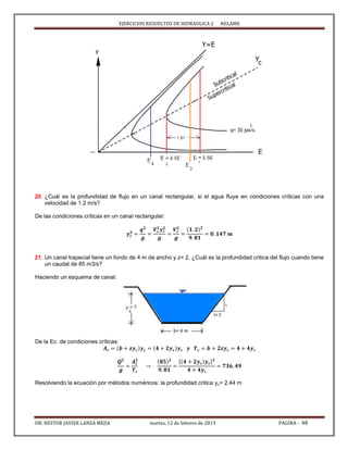 EJERCICIOS RESUELTOS DE HIDRAULICA 2 NELAME
DR. NESTOR JAVIER LANZA MEJIA martes, 12 de febrero de 2013 PAGINA - 48
20. ¿Cuál es la profundidad de flujo en un canal rectangular, si el agua fluye en condiciones críticas con una
velocidad de 1.2 m/s?
De las condiciones críticas en un canal rectangular:
21. Un canal trapecial tiene un fondo de 4 m de ancho y z= 2. ¿Cuál es la profundidad critica del flujo cuando tiene
un caudal de 85 m3/s?
Haciendo un esquema de canal:
De la Ec. de condiciones críticas:
[ ]
Resolviendo la ecuación por métodos numéricos: la profundidad critica yc= 2.44 m
 