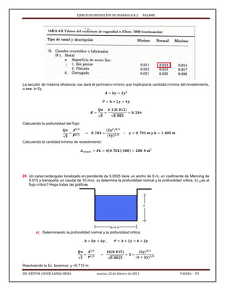 EJERCICIOS RESUELTOS DE HIDRAULICA 2 NELAME
DR. NESTOR JAVIER LANZA MEJIA martes, 12 de febrero de 2013 PAGINA - 54
La sección de máxima eficiencia nos dará el perímetro mínimo que implicara la cantidad mínima del revestimiento,
o sea: b=2y
√ √
Calculando la profundidad del flujo:
√
Calculando la cantidad mínima de revestimiento:
29. Un canal rectangular localizado en pendiente de 0.0025 tiene un ancho de 6 m, un coeficiente de Manning de
0.015 y transporta un caudal de 10 mcs. a) determine la profundidad normal y la profundidad critica, b) ¿es el
flujo crítico? Haga todas las gráficas.
a) Determinando la profundidad normal y la profundidad critica:
√ √
Resolviendo la Ec. tenemos: y =0.712 m
 