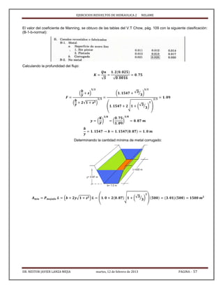 EJERCICIOS RESUELTOS DE HIDRAULICA 2 NELAME
DR. NESTOR JAVIER LANZA MEJIA martes, 12 de febrero de 2013 PAGINA - 57
El valor del coeficiente de Manning, se obtuvo de las tablas del V.T Chow, pág. 109 con la siguiente clasificación:
(B-1-b-normal):
Calculando la profundidad del flujo:
√ √
( )
( √ )
( √ ⁄ )
( √ (√ ⁄ ) )
( ) ( )
Determinando la cantidad mínima de metal corrugado:
( √ ) ( √ (√ ⁄ ) )
 