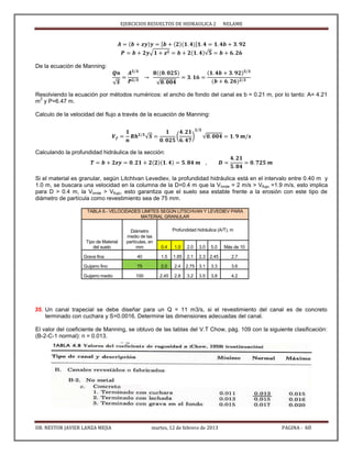 EJERCICIOS RESUELTOS DE HIDRAULICA 2 NELAME
DR. NESTOR JAVIER LANZA MEJIA martes, 12 de febrero de 2013 PAGINA - 60
[ ]
√ √
De la ecuación de Manning:
√ √
Resolviendo la ecuación por métodos numéricos: el ancho de fondo del canal es b = 0.21 m, por lo tanto: A= 4.21
m
2
y P=6.47 m.
Calculo de la velocidad del flujo a través de la ecuación de Manning:
√ ( ) √
Calculando la profundidad hidráulica de la sección:
Si el material es granular, según Litchtvan Levediev, la profundidad hidráulica está en el intervalo entre 0.40 m y
1.0 m, se buscara una velocidad en la columna de la D=0.4 m que la Vlimite = 2 m/s > Vflujo =1.9 m/s, esto implica
para D > 0.4 m, la Vlimite > Vflujo, esto garantiza que el suelo sea estable frente a la erosión con este tipo de
diámetro de partícula como revestimiento sea de 75 mm.
TABLA 6.- VELOCIDADES LIMITES SEGÚN LITSCHVAN Y LEVEDIEV PARA
MATERIAL GRANULAR
Tipo de Material
del suelo
Diámetro
medio de las
partículas, en
mm
Profundidad hidráulica (A/T), m
0.4 1.0 2.0 3.0 5.0 Más de 10
Grava fina 40 1.5 1.85 2.1 2.3 2.45 2.7
Guijarro fino 75 2.0 2.4 2.75 3.1 3.3 3.6
Guijarro medio 100 2.45 2.8 3.2 3.5 3.8 4.2
35. Un canal trapecial se debe diseñar para un Q = 11 m3/s, si el revestimiento del canal es de concreto
terminado con cuchara y S=0.0016. Determine las dimensiones adecuadas del canal.
El valor del coeficiente de Manning, se obtuvo de las tablas del V.T Chow, pág. 109 con la siguiente clasificación:
(B-2-C-1 normal): n = 0.013.
 