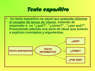 Texto expositivoTexto expositivo
 Un texto expositivo es aquel que pretende informar
al receptor de temas de interés, tra...