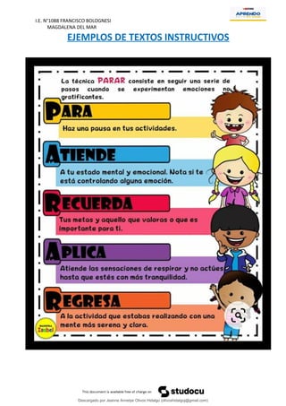 I.E. N°1088 FRANCISCO BOLOGNESI
MAGDALENA DEL MAR
EJEMPLOS DE TEXTOS INSTRUCTIVOS
Descargado por Jeanne Annelye Olivos Hidalgo (olivoshidalgoj@gmail.com)
lOMoARcPSD|24074991
 