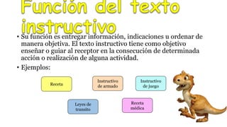• Su función es entregar información, indicaciones u ordenar de
manera objetiva. El texto instructivo tiene como objetivo
enseñar o guiar al receptor en la consecución de determinada
acción o realización de alguna actividad.
• Ejemplos:
Leyes de
transito
Receta
médica
Instructivo
de armado
Receta
Instructivo
de juego
 