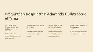Preguntas y Respuestas: Aclarando Dudas sobre
el Tema
¿Por qué son
importantes los
verbos?
Definen la acción
requerida, haciendo el
texto práctico.
¿Cómo sé si mi texto
es claro?
Pídele a alguien que siga
tus instrucciones sin
ayuda.
¿Qué hago si hay
muchos pasos?
Divide el proceso en
secciones lógicas, con
subtítulos claros.
¿Debo usar siempre
imágenes?
Sí, si el proceso es visual o
complejo, son cruciales.
 
