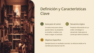 Definición y Características
Clave
Guía para el Lector
Un texto instructivo ofrece
pautas claras. Su propósito
es enseñar a realizar una
tarea o seguir un proceso.
Secuencia Lógica
Presenta información en un
orden cronológico o
secuencial. Cada paso se
construye sobre el anterior.
Objetivo Específico
Siempre busca un resultado concreto. Su eficacia reside en la
claridad para alcanzar ese fin.
 