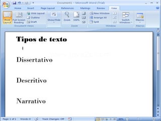 Tipos de texto

Dissertativo

Descritivo

Narrativo
 