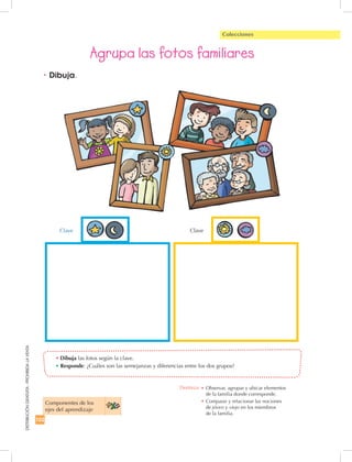 102
DISTRIBUCIÓNGRATUITA-PROHIBIDALAVENTA
Agrupa las fotos familiares
Colecciones
•	Dibuja.
•	Dibuja las fotos según la clave.
• Responde: ¿Cuáles son las semejanzas y diferencias entre los dos grupos?
Componentes de los
ejes del aprendizaje
Destreza: •		Observar, agrupar y ubicar elementos
de la familia donde corresponde.
•		Comparar y relacionar las nociones
de jóven y viejo en los miembros
de la familia.
Clave Clave
 
