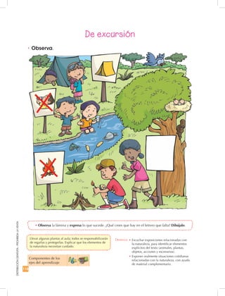 110
DISTRIBUCIÓNGRATUITA-PROHIBIDALAVENTA
•	Observa.
•	Observa la lámina y expresa lo que sucede. ¿Qué crees que hay en el letrero que falta? Dibújalo.
Componentes de los
ejes del aprendizaje
De excursión
Destreza: •	Escuchar exposiciones relacionadas con
la naturaleza, para identificar elementos
explícitos del texto (animales, plantas,
objetos, acciones y escenarios).
•	Exponer oralmente situaciones cotidianas
relacionadas con la naturaleza, con ayuda
de material complementario.
	 Llevar algunas plantas al aula; todos se responsabilizarán
de regarlas y protegerlas. Explicar que los elementos de
la naturaleza necesitan cuidado.
 