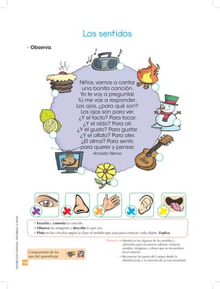 126
DISTRIBUCIÓNGRATUITA-PROHIBIDALAVENTA
Componentes de los
ejes del aprendizaje
•	Observa.
•	Escucha y comenta la canción.
•	Observa las imágenes y describe lo que ves.
•	Pinta en los círculos según la clave el sentido que usas para conocer cada objeto. Explica.
Los sentidos
Niños, vamos a cantar
una bonita canción.
Yo te voy a preguntar,
tú me vas a responder:
Los ojos, ¿para qué son?
Los ojos son para ver.
¿Y el tacto? Para tocar.
¿Y el oído? Para oír.
¿Y el gusto? Para gustar.
¿Y el olfato? Para oler.
¿El alma? Para sentir,
para querer y pensar.
Amado Nervo.
Destreza: •	Identificar los órganos de los sentidos y
utilizarlos para reconocer sabores, texturas,
sonidos, imágenes y olores que se encuentren
en el entorno.
•	Reconocer las partes del cuerpo desde la
identificación y la relación de su funcionalidad.
 