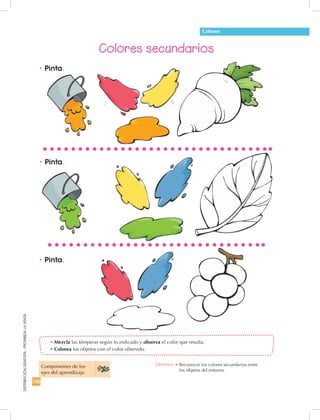 150
DISTRIBUCIÓNGRATUITA-PROHIBIDALAVENTA
•	Pinta.
•	Pinta.
•	Pinta.
•	Mezcla las témperas según lo indicado y observa el color que resulta.
•	Colorea los objetos con el color obtenido.
Colores secundarios
Componentes de los
ejes del aprendizaje
Destreza: •	Reconocer los colores secundarios entre
los objetos del entorno.
Colores
 