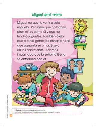 16
DISTRIBUCIÓNGRATUITA-PROHIBIDALAVENTA
Miguel no quería venir a esta
escuela. Pensaba que no habría
otros niños como él y que no
tendría juguetes. También creía
que si tenía ganas de orinar, tendría
que aguantarse o hacérselo
en los pantalones. Además,
imaginaba que la señorita Elena
se enfadaría con él.
Miguel está triste
•	Escucha el cuento y expresa tus experiencias.
•	¿Cuáles son las responsabilidades que debemos tener en la escuela?
 