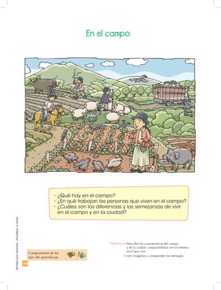 160
DISTRIBUCIÓNGRATUITA-PROHIBIDALAVENTA
Componentes de los 	
ejes del aprendizaje
•	¿Qué hay en el campo?
•	¿En qué trabajan las personas que viven en el campo?
•	¿Cuáles son las diferencias y las semejanzas de vivir
en el campo y en la ciudad?
En el campo
Destreza: •		Describir las características del campo 	
y de la ciudad, comparándolas con el entorno	
en el que vive.
•	Leer imágenes y comprender los mensajes.
 