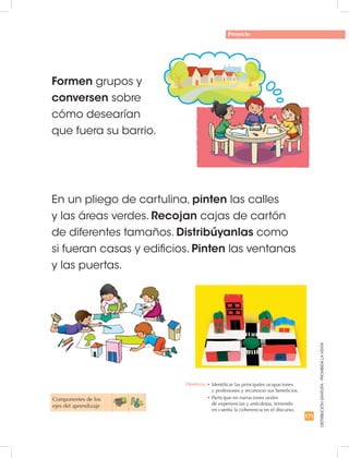 171
DISTRIBUCIÓNGRATUITA-PROHIBIDALAVENTA
Proyecto
Componentes de los 	
ejes del aprendizaje
Formen grupos y
conversen sobre
cómo desearían
que fuera su barrio.
En un pliego de cartulina, pinten las calles
y las áreas verdes. Recojan cajas de cartón
de diferentes tamaños. Distribúyanlas como
si fueran casas y edificios. Pinten las ventanas
y las puertas.
Destreza: •		Identificar las principales ocupaciones	
y profesiones y reconocer sus beneficios.
•		Participar en narraciones orales	
de experiencias y anécdotas, teniendo	
en cuenta la coherencia en el discurso.
 