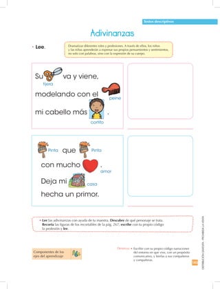 183
DISTRIBUCIÓNGRATUITA-PROHIBIDALAVENTA
•	Lee las adivinanzas con ayuda de tu maestra. Descubre de qué personaje se trata.	
Recorta las figuras de los recortables de la pág. 267, escribe con tu propio código 	
la profesión y lee.
•	Lee.
Textos descriptivos
Componentes de los 	
ejes del aprendizaje
Adivinanzas
Su va y viene,
modelando con el
mi cabello más .
tijera
peine
cortito
que
con mucho .
Deja mi
hecha un primor.
Pinta Pinta
amor
casa
Destreza: •		Escribir con su propio código narraciones 	
del entorno en que vive, con un propósito
comunicativo, y leerlas a sus compañeros	
y compañeras.
	 Dramatizar diferentes roles y profesiones. A través de ellos, los niños 	
y las niñas aprenderán a expresar sus propios pensamientos y sentimientos, 	
no solo con palabras, sino con la expresión de su cuerpo.
 