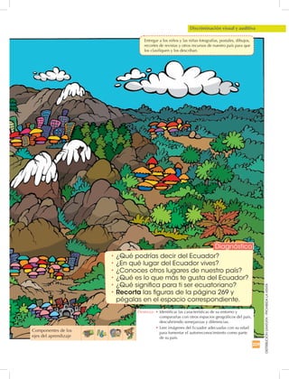 209
DISTRIBUCIÓNGRATUITA-PROHIBIDALAVENTA
Discriminación visual y auditiva
•	¿Qué podrías decir del Ecuador?
•	¿En qué lugar del Ecuador vives?
•	¿Conoces otros lugares de nuestro país?
•	¿Qué es lo que más te gusta del Ecuador?
•	¿Qué significa para ti ser ecuatoriano?
•	Recorta las figuras de la página 269 y
pégalas en el espacio correspondiente.
Componentes de los
ejes del aprendizaje
•		Identificar las características de su entorno y
compararlas con otros espacios geográficos del país,
descubriendo semejanzas y diferencias.
•		Leer imágenes del Ecuador adecuadas con su edad
para fomentar el autorreconocimiento como parte
de su país.
Destreza:
Diagnóstico
	 Entregar a los niños y las niñas fotografías, postales, dibujos,
recortes de revistas y otros recursos de nuestro país para que
los clasifiquen y los describan.
 