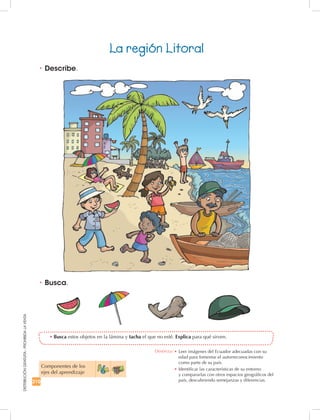 210
DISTRIBUCIÓNGRATUITA-PROHIBIDALAVENTA
•	Busca.
•	Busca estos objetos en la lámina y tacha el que no esté. Explica para qué sirven.
Componentes de los
ejes del aprendizaje
Destreza: •		Leer imágenes del Ecuador adecuadas con su
edad para fomentar el autorreconocimiento
como parte de su país.
•		Identificar las características de su entorno
y compararlas con otros espacios geográficos del
país, descubriendo semejanzas y diferencias.
La región Litoral
•	Describe.
 