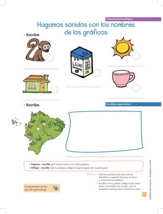 215
DISTRIBUCIÓNGRATUITA-PROHIBIDALAVENTA
•	Expresa y escribe qué vocal suena con cada palabra.
•	Dibuja y escribe con tu propio código lo que te gusta de nuestro país.
•	Escribe.
•	Escribe.
Escritura espontánea
Conciencia fonológica
Hagamos sonidos con los nombres
de los gráficos
Componentes de los
ejes del aprendizaje
Destreza: •		Expresar palabras para discriminar,
identificar y suprimir fonemas al inicio
y al final de las palabras.
•		Escribir con su propio código textos sobre
temas vinculados con su país, con un
propósito comunicativo y leerlos en clase.
 