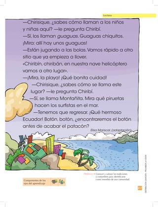 DISTRIBUCIÓNGRATUITA-PROHIBIDALAVENTA
217
Lectura
Componentes de los
ejes del aprendizaje
—Chirisique, ¿sabes cómo llaman a los niños
y niñas aquí? —le pregunta Chiribí.
—Sí, los llaman guaguas. Guaguas chiquitos.
¡Mira: allí hay unos guaguas!
—Están jugando a las bolas.Vamos rápido a otro
sitio que ya empieza a llover.
«Chiribín, chiribán, en nuestra nave helicóptero
vamos a otro lugar».
—¡Mira, la playa! ¡Qué bonita cuidad!
	 —Chirisique, ¿sabes cómo se llama este
lugar? —le pregunta Chiribí.
—Sí, se llama Montañita. Mira qué piruetas
hacen los surfistas en el mar.
—Tenemos que regresar. ¡Qué hermoso
Ecuador! Botón, botón, ¿encontraremos el botón
antes de acabar el patacón?
Elisa Mariscal, (adaptación).
Destreza: •		Conocer y valorar las tradiciones
y costumbres para identificarse
como miembro de una comunidad.
 