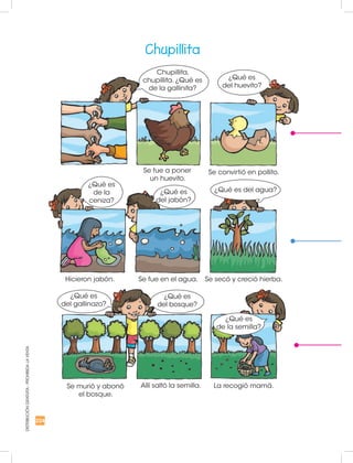 224
DISTRIBUCIÓNGRATUITA-PROHIBIDALAVENTA
Chupillita
Chupillita,
chupillita. ¿Qué es
de la gallinita?
¿Qué es
de la
ceniza?
¿Qué es
del gallinazo?
¿Qué es
del bosque?
¿Qué es
de la semilla?
¿Qué es
del jabón?
¿Qué es del agua?
¿Qué es
del huevito?
Se fue a poner
un huevito.
Hicieron jabón.
Se murió y abonó
el bosque.
Se fue en el agua.
Allí saltó la semilla.
Se secó y creció hierba.
La recogió mamá.
Se convirtió en pollito.
 
