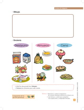 23
DISTRIBUCIÓNGRATUITA-PROHIBIDALAVENTA
•	¿Qué has desayunado hoy? Dibújalo.
•	 Encierra tres alimentos para cada comida.
•	Dibuja.
Lectura de imágenes
•	Encierra.
Desayuno Almuerzo Cena
Componentes de los
ejes del aprendizaje
Destreza: •	Reconocer y valorar la importancia
de consumir alimentos nutritivos en el diario vivir.
•		Leer láminas y carteles que acompañan
a las exposiciones y comprender mensajes.
 