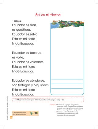 230
DISTRIBUCIÓNGRATUITA-PROHIBIDALAVENTA
•	Dibuja.
•	Dibuja lo que más te gusta del texto, escribe con tu propio código y lee.
Así es mi tierra
Componentes de los
ejes del aprendizaje
Ecuador es mar,
es cordillera,
Ecuador es selva.
Esta es mi tierra
linda Ecuador.			
	
Ecuador es bosque,
es valle,
Ecuador es volcanes.
Esta es mi tierra
linda Ecuador.
Ecuador es cóndores,
son tortugas y orquídeas.
Esta es mi tierra
linda Ecuador.
Destreza: •		Escribir con su propio código textos
colectivos cortos sobre temas relacionados
a su país con un propósito comunicativo, y
leerlos a sus compañeros y compañeras.
•	Conocer y valorar las tradiciones y
costumbres para identificarse como
miembros de una comunidad.
 