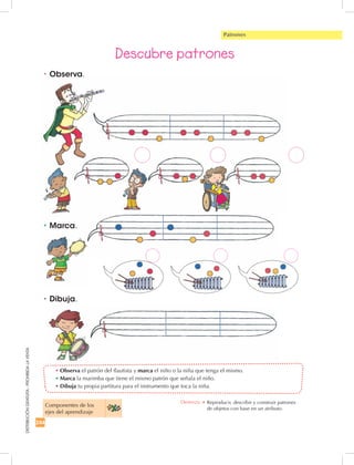 244
DISTRIBUCIÓNGRATUITA-PROHIBIDALAVENTA
Patrones
•	Observa el patrón del flautista y marca el niño o la niña que tenga el mismo.
•	Marca la marimba que tiene el mismo patrón que señala el niño.
•	Dibuja tu propia partitura para el instrumento que toca la niña.
•	Observa.
•	Marca.
•	Dibuja.
Descubre patrones
Componentes de los
ejes del aprendizaje
Destreza: •		Reproducir, describir y construir patrones
de objetos con base en un atributo.
 