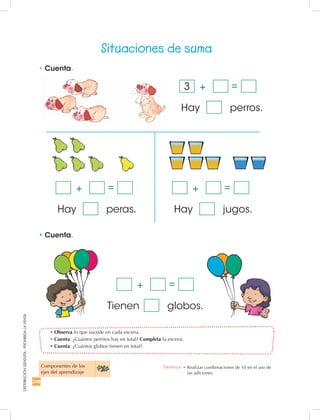 248
DISTRIBUCIÓNGRATUITA-PROHIBIDALAVENTA
•	Observa lo que sucede en cada escena.
•	Cuenta: ¿Cuántos perritos hay en total? Completa la escena.
•	Cuenta: ¿Cuántos globos tienen en total?
•	Cuenta.
•	Cuenta.
Situaciones de suma
Componentes de los
ejes del aprendizaje
Hay Hay
Hay
3
peras. jugos.
perros.
+ +
+
= =
=
Tienen globos.
+ =
Destreza: •		Realizar combinaciones de 10 en el uso de
las adiciones.
 