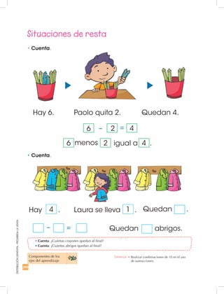 250
DISTRIBUCIÓNGRATUITA-PROHIBIDALAVENTA
Situaciones de resta
•	Cuenta: ¿Cuántas crayones quedan al final?
•	Cuenta: ¿Cuántos abrigos quedan al final?
•	Cuenta.
•	Cuenta.
Hay 6. Paolo quita 2. Quedan 4.
– =
Hay .4 1Laura se lleva . Quedan .
Quedan abrigos.
menos igual a .
– =6
6
2
2
4
4
Componentes de los
ejes del aprendizaje
Destreza: •		Realizar combinaciones de 10 en el uso
de sustracciones.
 