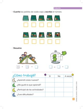 257
Evaluación
DISTRIBUCIÓNGRATUITA-PROHIBIDALAVENTA
•	Cuenta las pelotas de cada caja y escribe el número.
•	Resuelve.
3 2+ = – =
Sí No A veces
¿Aprendí cosas nuevas?
¿Me gustó lo que aprendí?
¿Participé de las actividades?
¿Tuve dificultades?
¿Cómo trabajé?
 