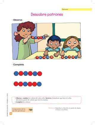 46
DISTRIBUCIÓNGRATUITA-PROHIBIDALAVENTA
•	Completa.
•	Observa y nombra los colores de cada collar. Encierra al estudiante que hace el collar
del mismo patrón de colores que tiene la maestra.
•	Completa los collares.
Descubre patrones
Patrones
•	Observa.
Componentes de los
ejes del aprendizaje
Destreza: •	Reproducir y describir un patrón de objetos
en base a un atributo.
 