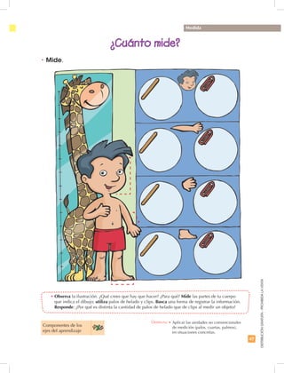 47
DISTRIBUCIÓNGRATUITA-PROHIBIDALAVENTA
•	Observa la ilustración. ¿Qué crees que hay que hacer? ¿Para qué? Mide las partes de tu cuerpo
que indica el dibujo; utiliza palos de helado y clips. Busca una forma de registrar la información.
Responde: ¿Por qué es distinta la cantidad de palos de helado que de clips al medir un objeto?
¿Cuánto mide?
Medida
•	Mide.
Componentes de los
ejes del aprendizaje
Destreza: •	Aplicar las unidades no convencionales
de medición (palos, cuartas, palmos),
en situaciones concretas.
 