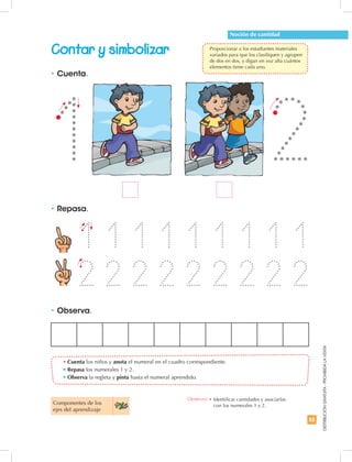 55
DISTRIBUCIÓNGRATUITA-PROHIBIDALAVENTA
•	Repasa.
•	Observa.
•	Cuenta.
•	Cuenta los niños y anota el numeral en el cuadro correspondiente.
•	Repasa los numerales 1 y 2.
•	Observa la regleta y pinta hasta el numeral aprendido.
Contar y simbolizar
1
2
1
2
1
2
1
2
1
2
1
2
1
2
1
2
1
2
Noción de cantidad
Componentes de los
ejes del aprendizaje
Destreza: •	Identificar cantidades y asociarlas
con los numerales 1 y 2.
1 2
	 Proporcionar a los estudiantes materiales
variados para que los clasifiquen y agrupen
de dos en dos, y digan en voz alta cuántos
elementos tiene cada uno.
 