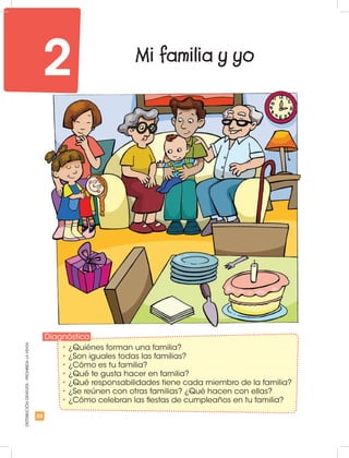 58
DISTRIBUCIÓNGRATUITA-PROHIBIDALAVENTA
Mi familia y yo
•	¿Quiénes forman una familia?
•	¿Son iguales todas las familias?
•	¿Cómo es tu familia?
•	¿Qué te gusta hacer en familia?
•	¿Qué responsabilidades tiene cada miembro de la familia?
•	¿Se reúnen con otras familias? ¿Qué hacen con ellas?
•	¿Cómo celebran las fiestas de cumpleaños en tu familia?
2
Diagnóstico
 